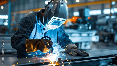 A worker in flame-resistant coveralls, safety glasses, face shield, gloves, and steel-toed boots, welding metal parts. photo