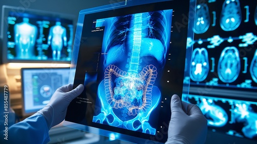 Abdominal X-ray with intestinal obstruction highlighting blocked or twisted intestines.