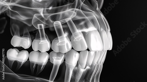 
An interproximal dental X-ray revealing caries between teeth. The image shows decay in the tight spaces between adjacent teeth, ideal for early detection and treatment planning. photo