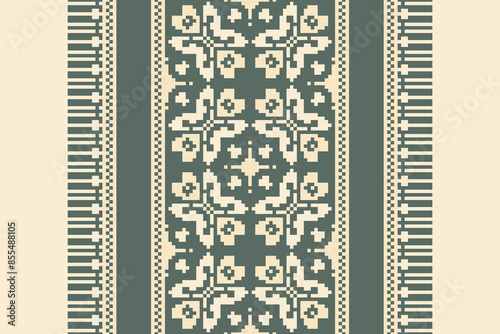 Traditional Floral pixel art seamless pattern. Vector Design for fabric, tile, embroidery, carpet, background, and wallpaper.