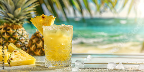A refreshing image of a pineapple margarita, served on ice in a salt-rimmed glass with a wedge of pineapple on the side