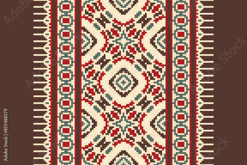 Traditional Floral pixel art seamless pattern. Vector Design for fabric, tile, embroidery, carpet, background, and wallpaper.