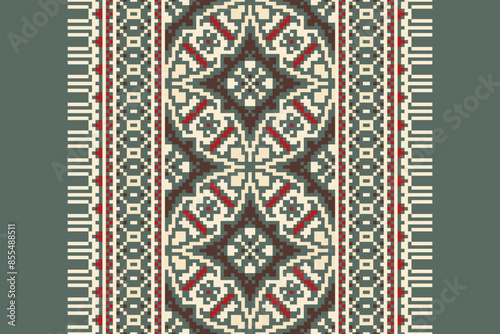 Traditional Floral pixel art seamless pattern. Vector Design for fabric, tile, embroidery, carpet, background, and wallpaper.