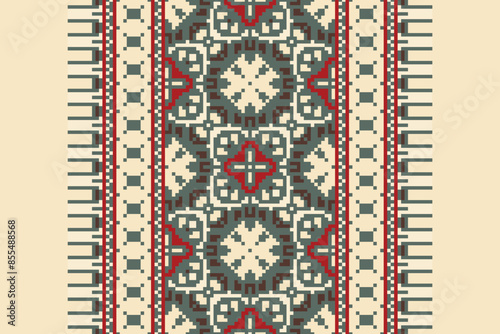Traditional Floral pixel art seamless pattern. Vector Design for fabric, tile, embroidery, carpet, background, and wallpaper.