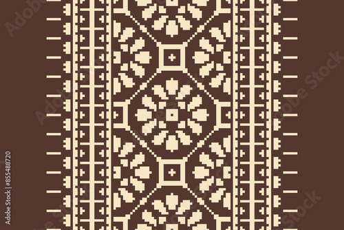 Traditional Floral pixel art seamless pattern. Vector Design for fabric, tile, embroidery, carpet, background, and wallpaper.