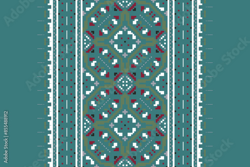 Traditional Floral pixel art seamless pattern. Vector Design for fabric, tile, embroidery, carpet, background, and wallpaper.