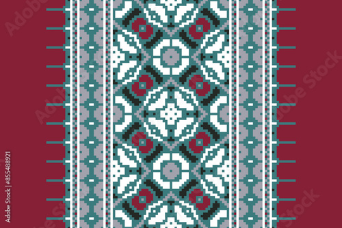 Traditional Floral pixel art seamless pattern. Vector Design for fabric, tile, embroidery, carpet, background, and wallpaper.
