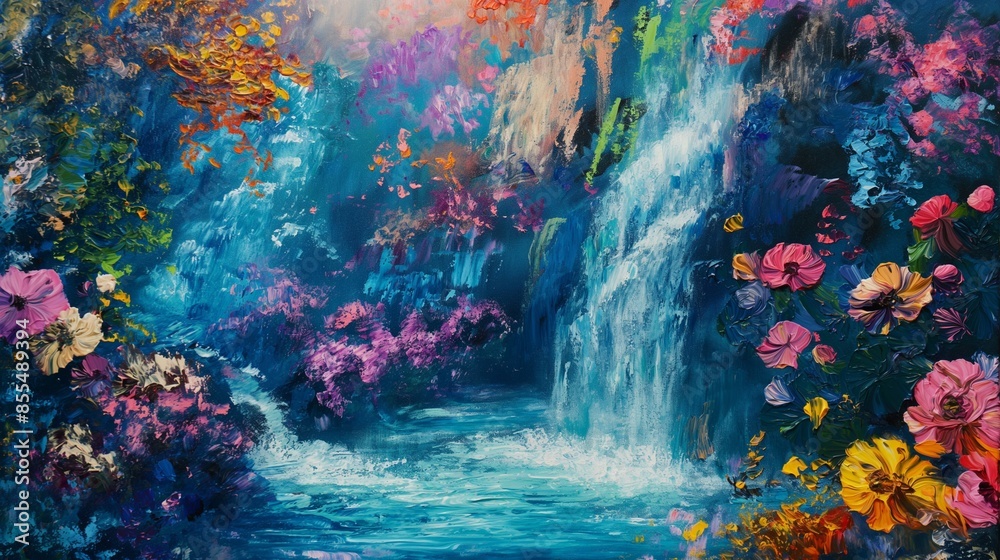 Fototapeta premium Oil painting of beautiful river and waterfall with flowers, summer landscape on canvas