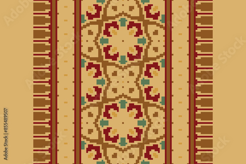 Traditional Floral pixel art seamless pattern. Vector Design for fabric, tile, embroidery, carpet, background, and wallpaper.