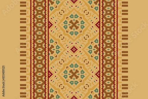 Traditional Floral pixel art seamless pattern. Vector Design for fabric, tile, embroidery, carpet, background, and wallpaper.
