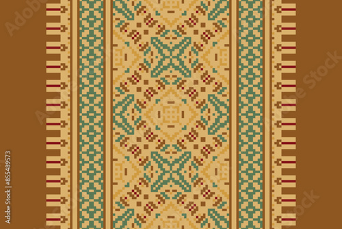 Traditional Floral pixel art seamless pattern. Vector Design for fabric, tile, embroidery, carpet, background, and wallpaper.