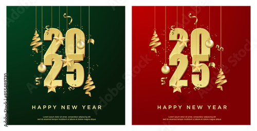 Happy new year 2025. luxury gold number on set square background