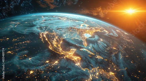 A stunning depiction of North America from space with vibrant city lights and a breathtaking sunrise in the background.