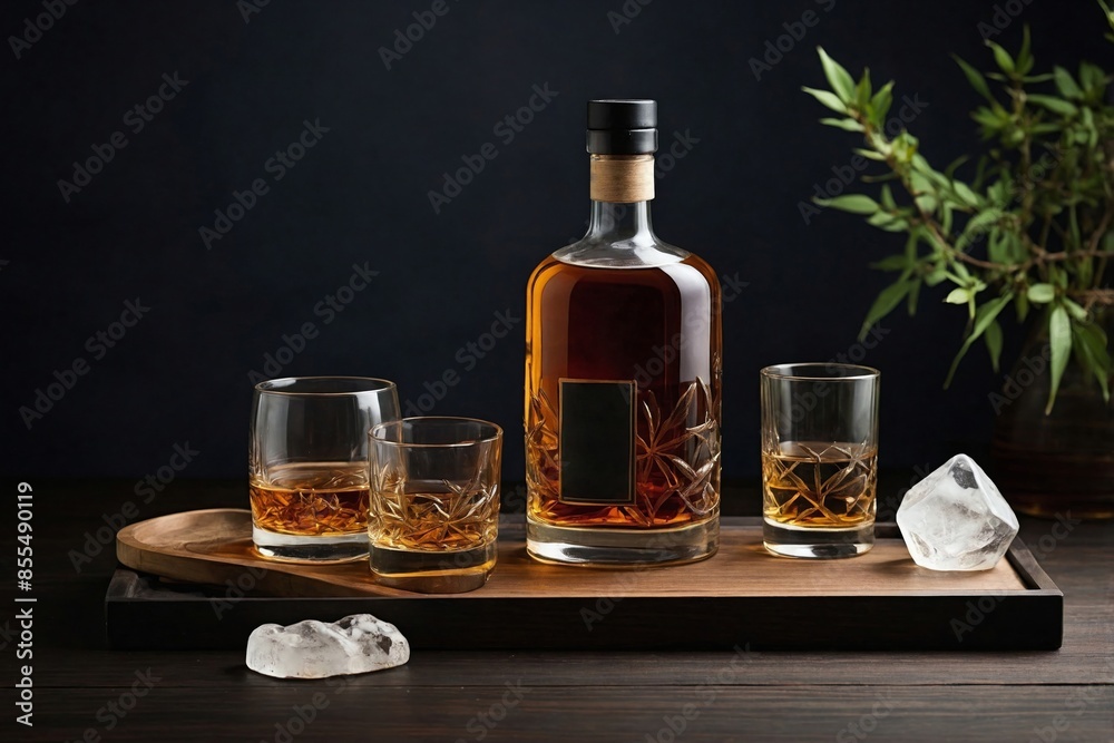 Traditional Japanese Whisky Setup: a minimalist arrangement featuring a bottle of Japanese whisky Traditional Japanese Whisky Setup: a minimalist arrangement featuring a bottle of Japanese whisky