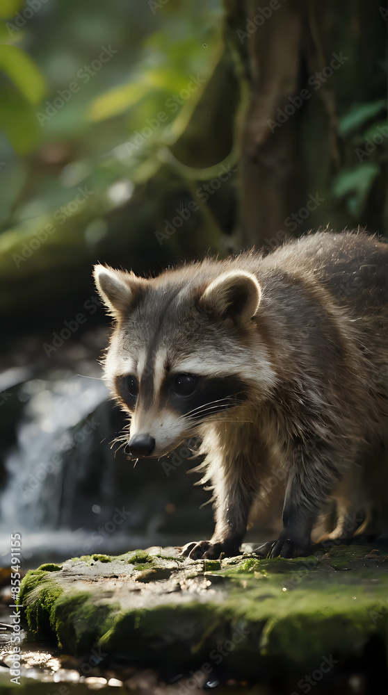 Fototapeta premium a raccoon standing on a rock near a waterfall