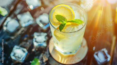 A refreshing glass of iced lemonade garnished with a lemon slice and sprig of mint, Lemonade glass placed on a coaster