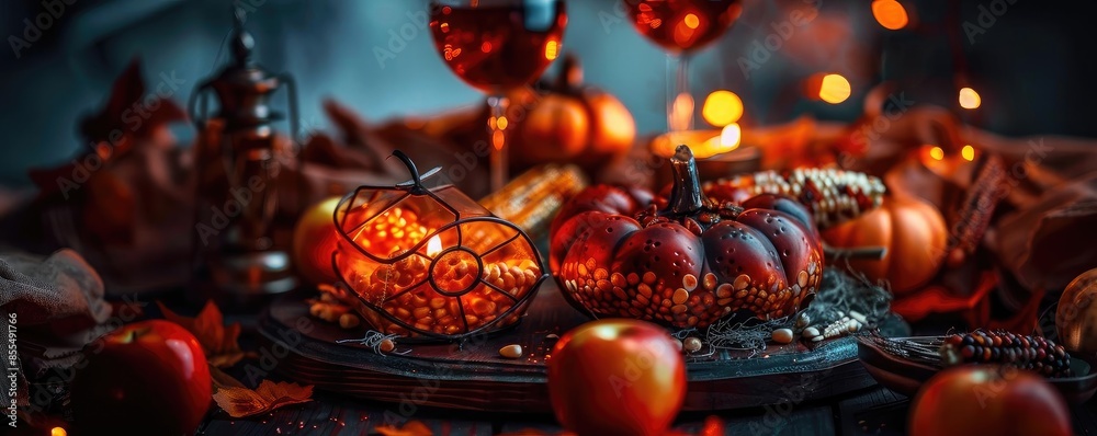 Cozy autumn scene with pumpkins, apples, candles, and wine glasses creating a warm and festive atmosphere with glowing lights. Cozy autumn scene with pumpkins, apples, candles, and wine glasses creating a warm and festive atmosphere with glowing lights.