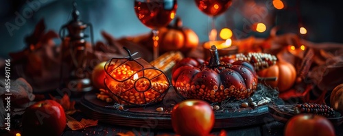 Cozy autumn scene with pumpkins, apples, candles, and wine glasses creating a warm and festive atmosphere with glowing lights. © Jiraporn