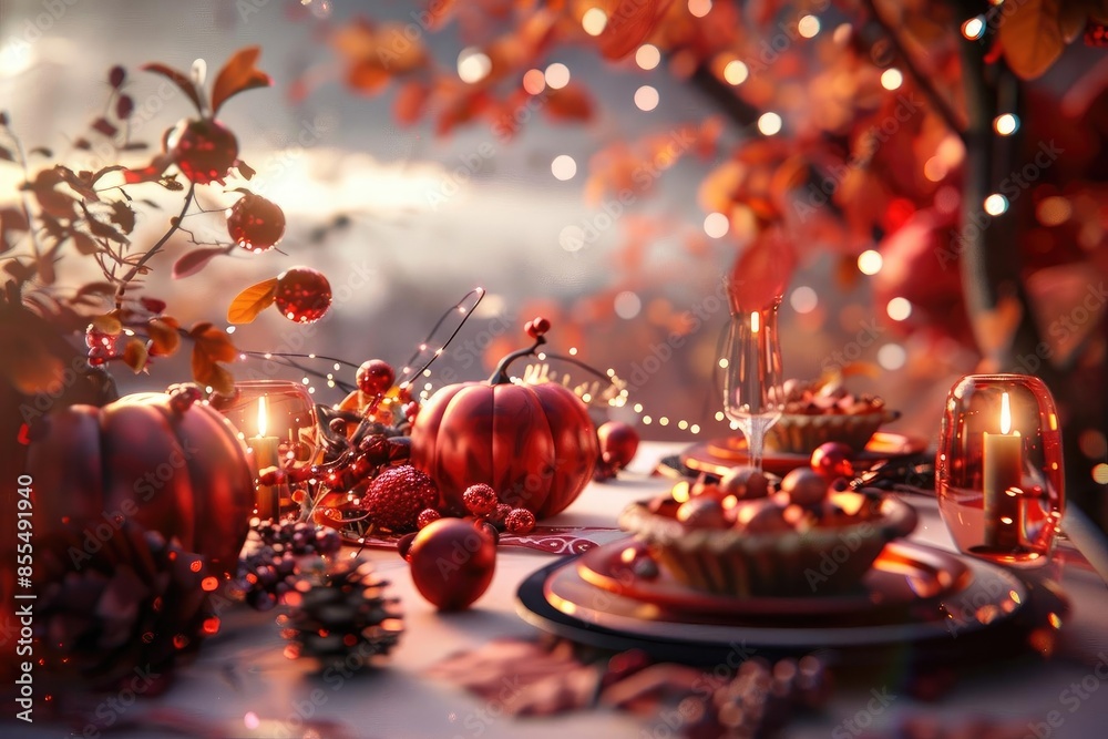 Fototapeta premium Cozy autumn table setup with pumpkins, pie, and lanterns under warm, glowing lights. Perfect for Thanksgiving or fall festivities.