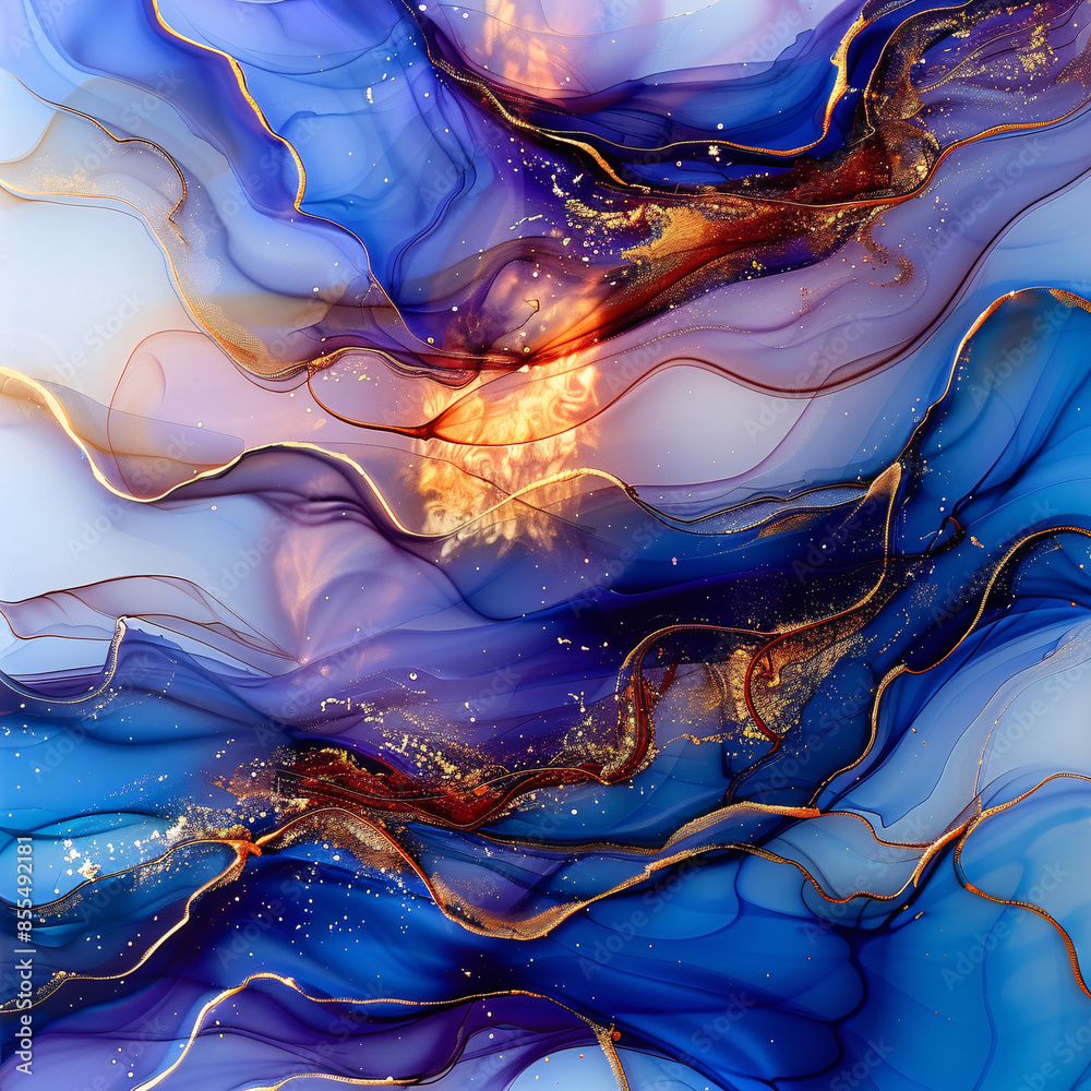 Fototapeta premium Blue glitter alcohol ink
