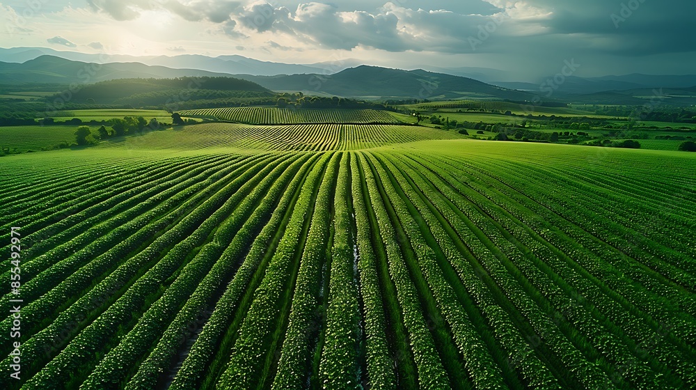 A drone view of vast fields of crops, with irrigation systems forming circular and linear patterns. A drone view of vast fields of crops, with irrigation systems forming circular and linear patterns.