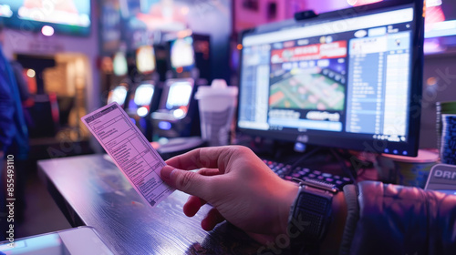 A person holding a betting slip at a sports betting venue, with a computer displaying sports statistics and games in the background.