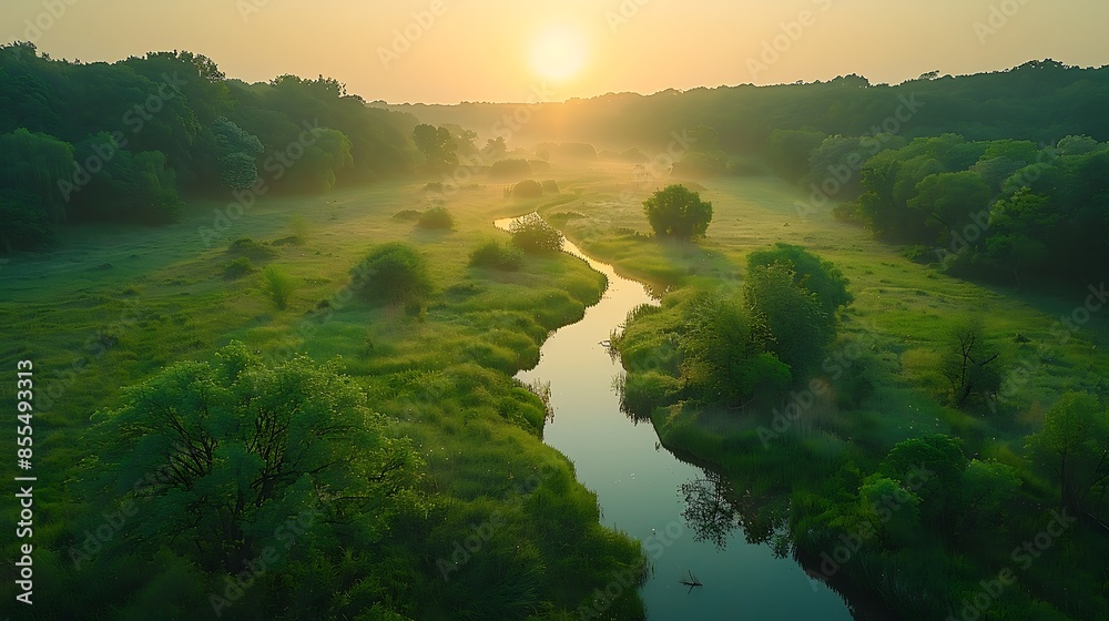 An aerial drone shot of a nature reserve at dawn, with wildlife like deer and rabbits visible in the clearings, and mist rising from the ground. An aerial drone shot of a nature reserve at dawn, with wildlife like deer and rabbits visible in the clearings, and mist rising from the ground.