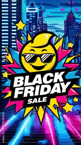 Wallpaper Mural Black Friday Sale Poster with Neon Colors, A vibrant Black Friday sale poster featuring bold neon colors, a stylish smiling face, and a dynamic cityscape background. Torontodigital.ca