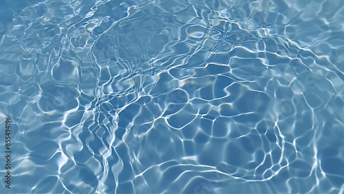 Blue water with ripples on the surface. Defocus blurred transparent blue colored clear calm water surface texture with splashes and bubbles. Water waves with shining pattern texture background.