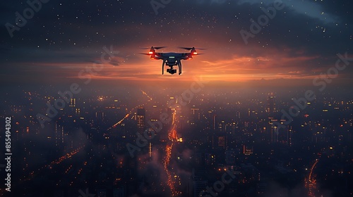 Drone flying over a city at night, with its lights illuminated and a star-filled sky, capturing the vibrant city lights below.