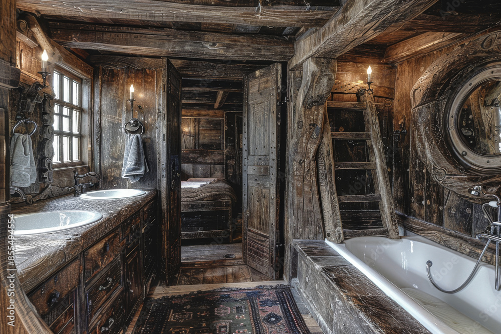 Wooden Bathroom with Bathtub and Two Sinks Wooden Bathroom with Bathtub and Two Sinks