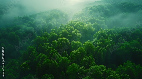 Drone perspective over a dense forest, showcasing the rich green canopy and the intricate patterns formed by the diverse treetops. photo