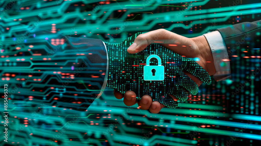 Two hands shaking, one digital and one human, with a padlock symbol on ...