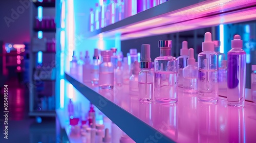A futuristic display of various cosmetic bottles and containers illuminated by vibrant pink and blue neon lights on sleek shelves. © artfulserenity8