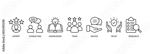 Expertise banner web icon illustration concept representing high-level knowledge and experience with an icon of expert, consulting, knowledge, team, advice, trust, and research