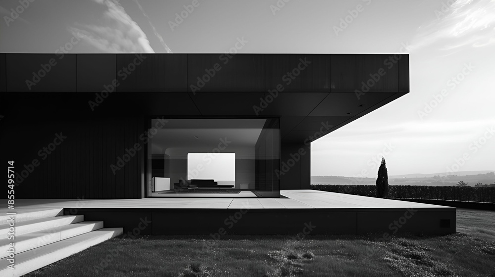 A modern architectural masterpiece showcasing minimalist design, with clean lines, large glass windows, and an expansive outdoor area, blending seamlessly with the serene landscape.