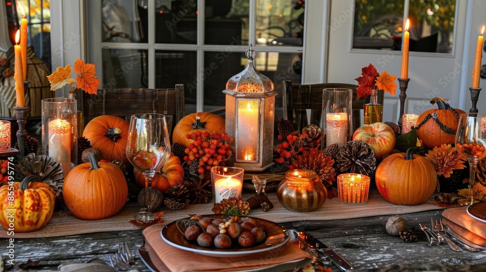 Obraz premium A beautiful Thanksgiving table setting with pumpkins, candles, and fall decorations, creating a warm and inviting atmosphere for a festive meal.