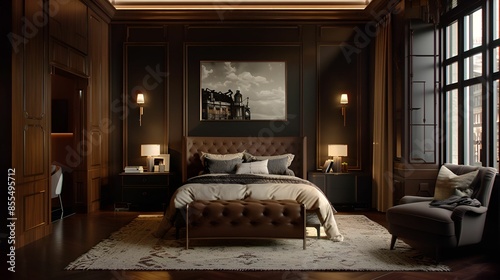 A luxurious bedroom featuring a tufted bed, elegant lighting, and rich wooden accents, creating a cozy and sophisticated ambiance.