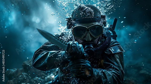 A commando emerging from underwater, wearing a wetsuit and night-vision goggles, with a combat knife in hand and an intense look of determination.