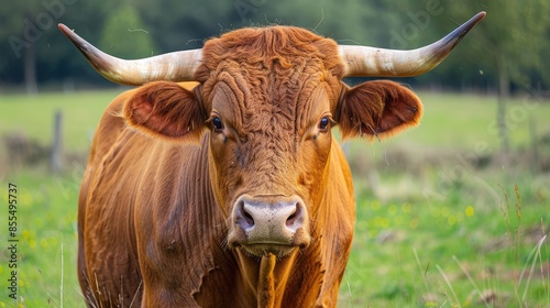 Portrait of a brown cow on a green meadow in summer