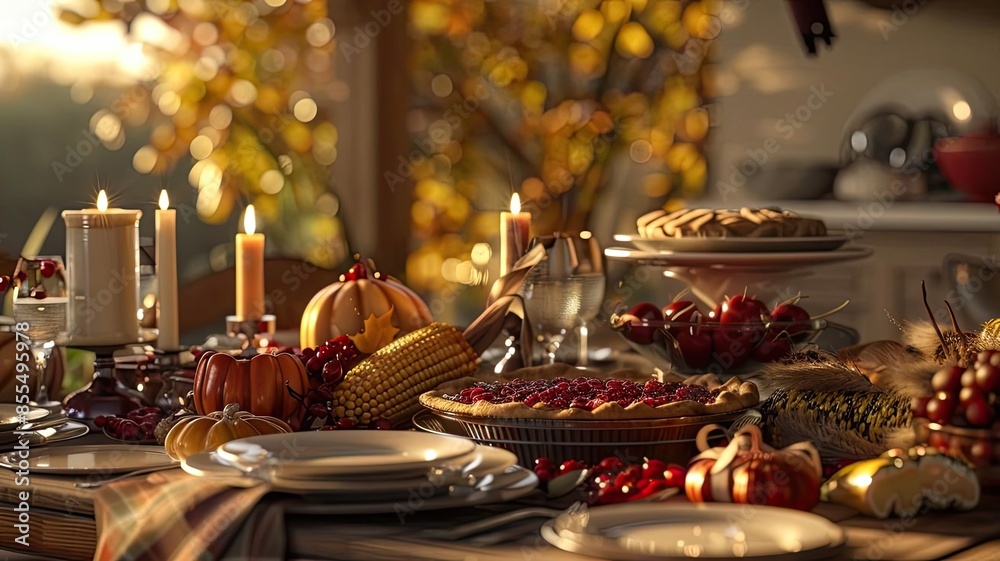 Beautiful autumn dinner table setting with candles and delicious food, perfect for Thanksgiving festivities and cozy gatherings.