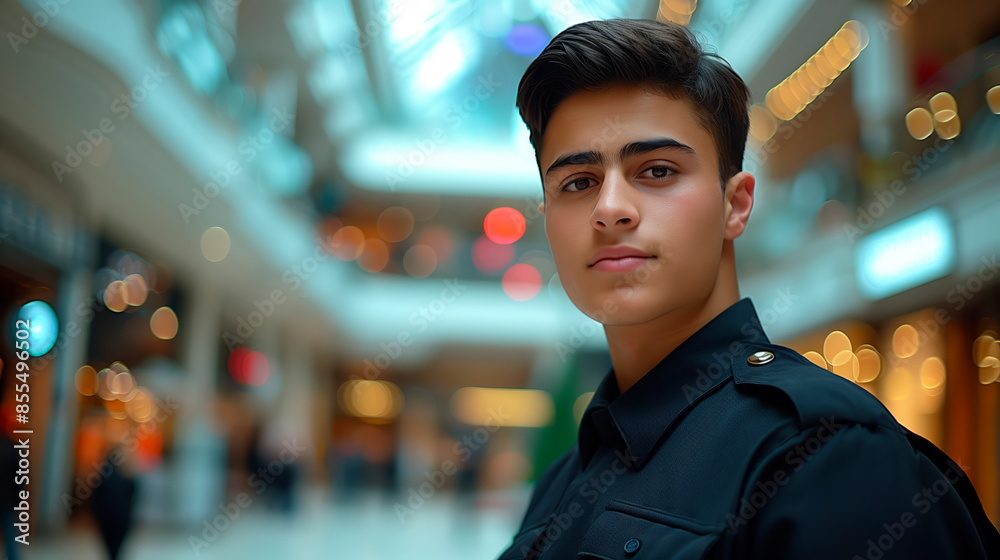 A young security guard stands in a brightly lit shopping center, with bokeh lights in the background. Security, mall guardian. Generative AI A young security guard stands in a brightly lit shopping center, with bokeh lights in the background. Security, mall guardian. Generative AI