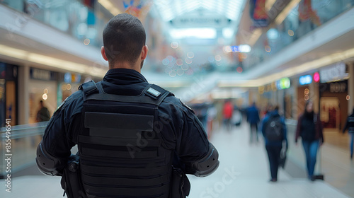 Man in security uniform standing inside a shopping mall with blurred background. Mockup. Concept of safety and security.  Generative AI © ImageFlow