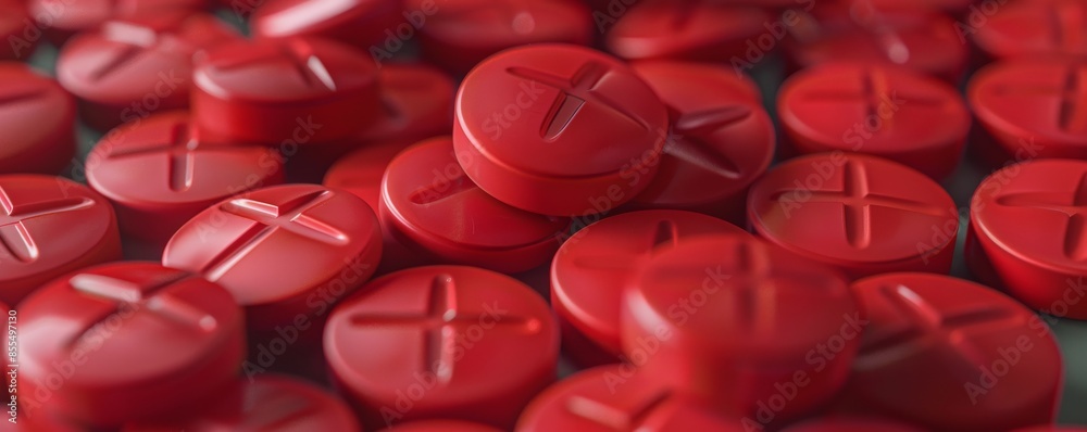 Close-up of red round pills with cross markings, medical or pharmaceutical concept