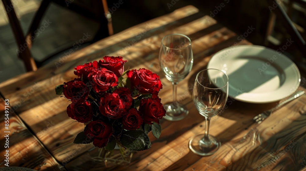 A romantic dinner setup with wine glasses and a bouquet of roses on a rustic wooden table, captured from a high angle A romantic dinner setup with wine glasses and a bouquet of roses on a rustic wooden table, captured from a high angle