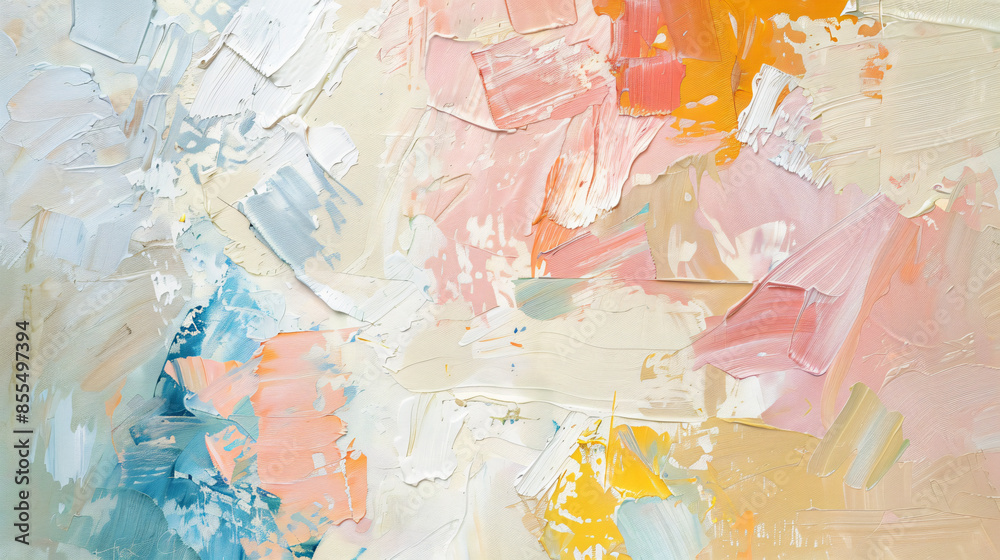 Abstract oil painting with pink, blue, yellow, and white colors with copy space text for art, design, and texture. Abstract oil painting with pink, blue, yellow, and white colors with copy space text for art, design, and texture.