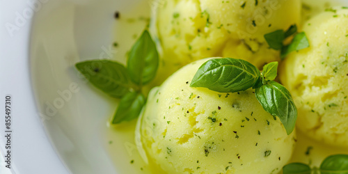 Zesty lemon and basil sorbet, a closeup of zesty lemon and basil sorbet, its bright yellow color with green herbal notes against a white background