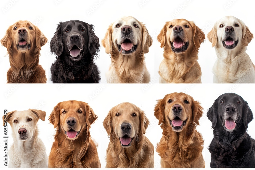 A grid of various happy and smiling flat coated retrievers on a white background, in the style of photography. A grid of various happy and smiling flat coated retrievers on a white background, in the style of photography.