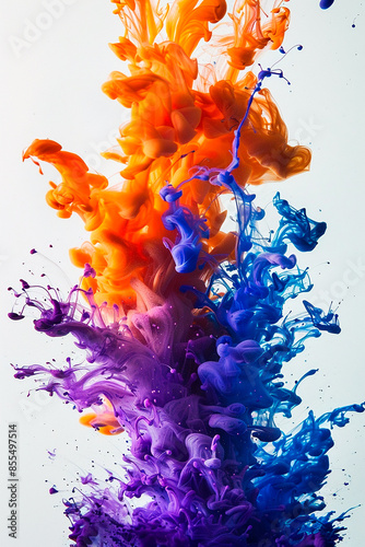 Colorful ink in water creating a vibrant explosion of orange, blue, and purple. The fluid shapes blend together in a dynamic and abstract composition
