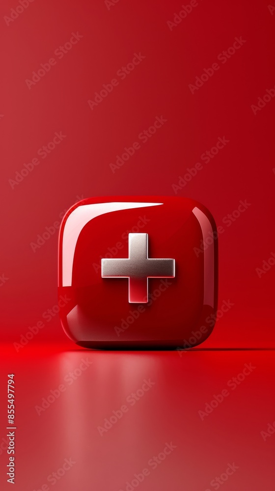 Obraz premium Red first aid kit with a white cross on a glossy surface, healthcare concept